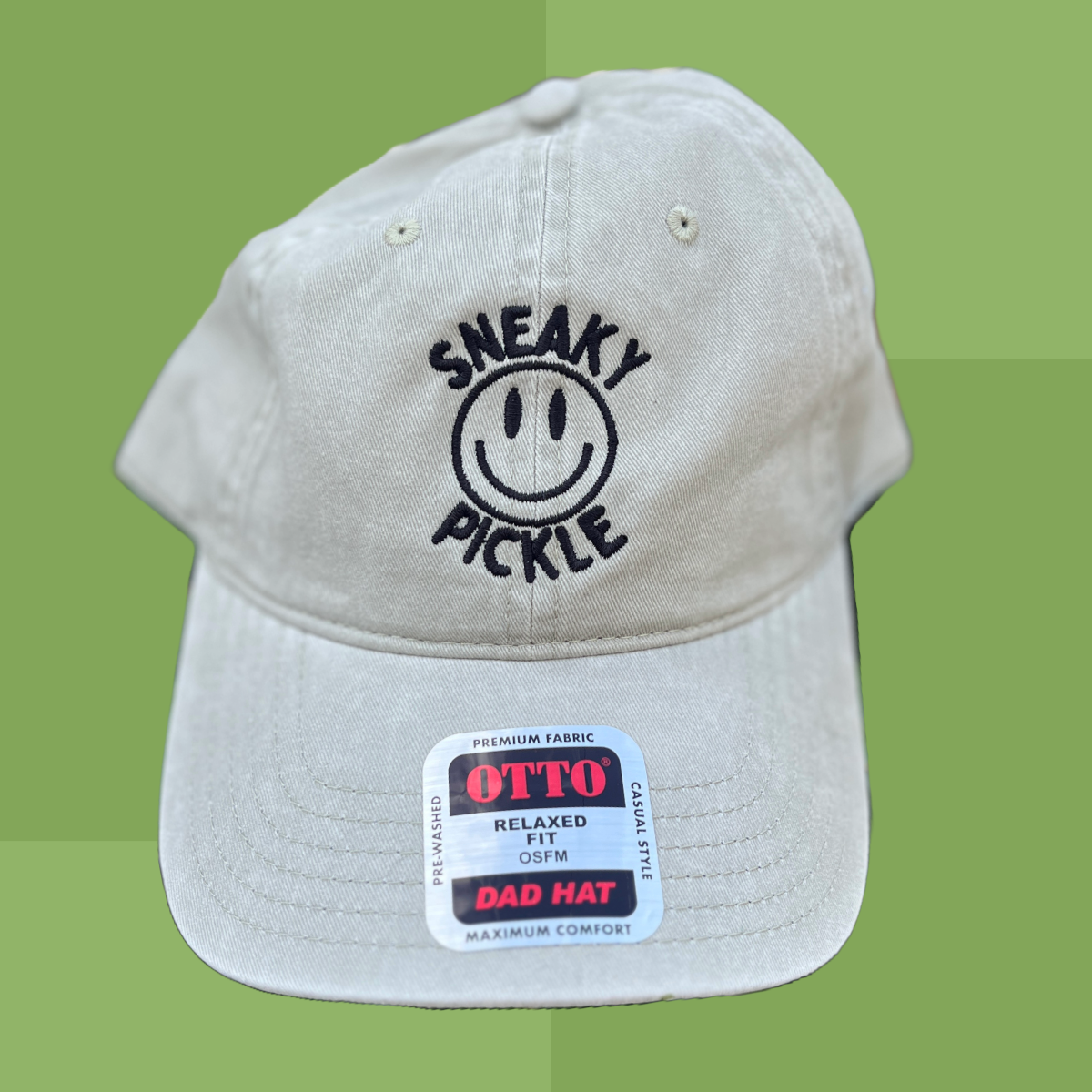 light grey denim dad cap with minimalist smiley logo